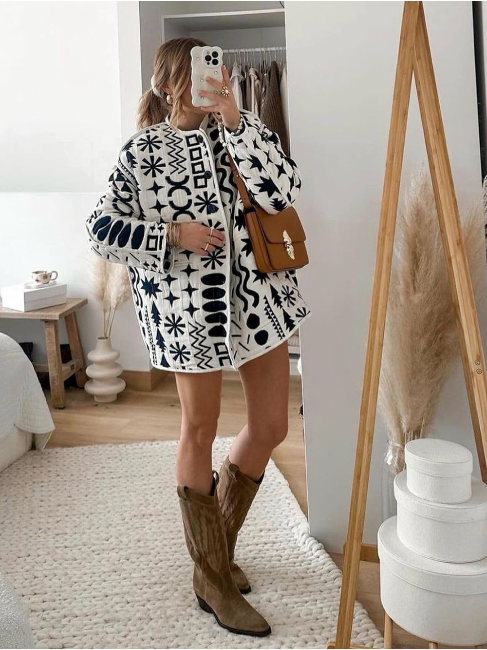 Oversized White & Navy Geometric Pattern Reversible Jacket